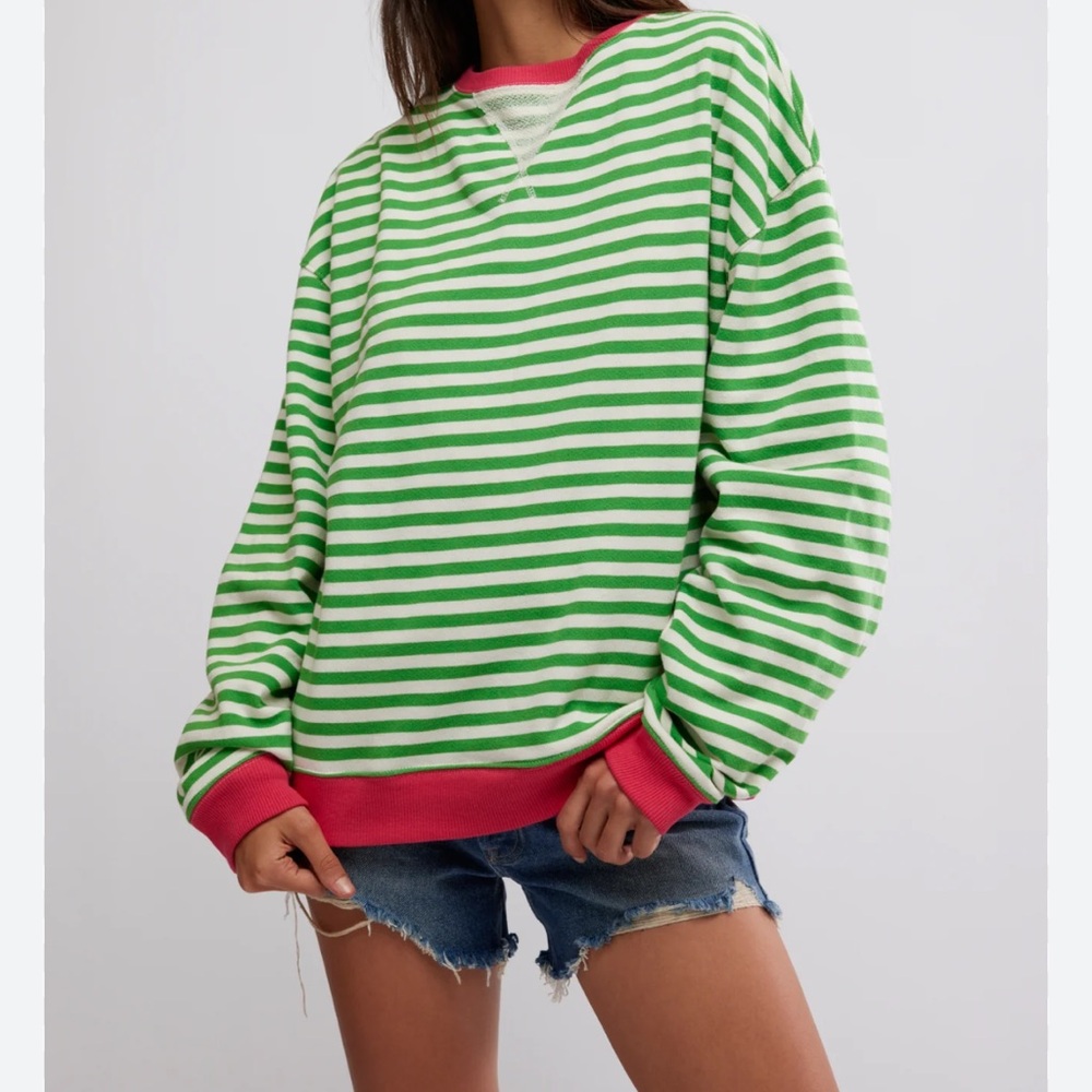Free people Green and pink Viral striped pullover sweater Top size medium NWOT